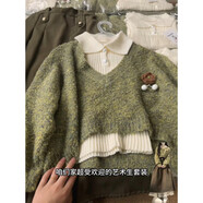 木清清2025新款韓系學(xué)院風(fēng)綠色針織衫毛衣背心兩件套女秋季休閑短款上衣 綠色【毛衣+背心】 M