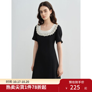 獨束大碼女裝優(yōu)雅蕾絲花邊領(lǐng)小黑裙夏裝赫本風高腰A字中長款裙子 赫本黑-短款 L (尺碼：2)