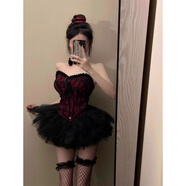 小惡魔*性感辣妹萬(wàn)圣節服裝cos抹胸上衣顯瘦蓬蓬裙短裙穿搭衣服女 黑紅色束腰馬甲+蓬蓬裙+黑色手套 【贈送透明肩帶】 均碼 【建議80-140斤】