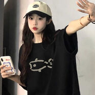 一寸相思黑色純棉短袖t恤女2026夏季新款爆款寬松大碼體恤卡通印花上衣ins 黑色-一只小魚(yú) L 推薦110-125斤
