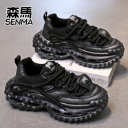 森馬（senma）歐洲站韓版男女老爹鞋2025年秋季新款厚底輕質(zhì)百搭時(shí)尚系帶輪胎鞋 SM2702黑色【當天發(fā)貨】 43