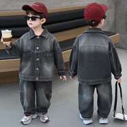 童話(huà)酷酷男童春秋款牛仔套裝外套牛仔褲兩件套男孩子寶寶牛仔服套裝 黑色 150 碼建議身高145cm左右穿