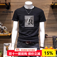 花花公子（PLAYBOY）夏季短袖t恤男士2025新款韓版印花上衣服時尚休閑棉質(zhì)半袖體恤衫 TB080黑-LR M 90斤-115斤