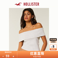 HOLLISTER25夏季法式Y(jié)2K辣妹一字肩露肩T恤女裝KI339-5100 淺灰色 L (165/100A)