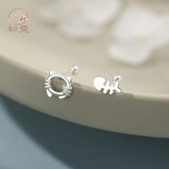 初霓999足銀小貓魚(yú)耳釘螺絲擰扣防掉女學(xué)生兒童養耳洞睡覺(jué)免摘 純銀貓咪魚(yú)骨螺絲耳釘耳環(huán)1對