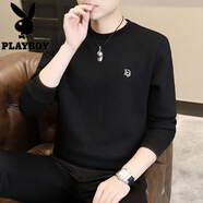 花花公子（PLAYBOY）長袖t恤男秋冬季字母提花衛(wèi)衣加絨加厚體恤保暖打底衫秋裝上衣 黑色【春秋】 M 90-120斤
