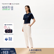 TOMMY HILFIGER【輕彈感】25女裝四季款條紋腰帶彈力直筒修身九分褲休閑褲【斜紋微彈】-米白色Z0036