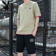 花花公子（PLAYBOY）純棉男士夏季短袖t恤套裝男裝一套休閑潮流帥氣半袖衣服 1903軍綠色 純棉上衣+95棉褲子 M 85-110斤
