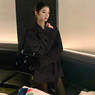 皓舒翻領(lǐng)雙排扣短款風(fēng)衣女春秋季新款感寬松墊肩小個(gè)子收腰短外套 黑色 XS