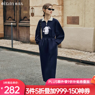 Olrain歐芮兒Polo連衣裙女春裝女裝收腰趣味卡通印花衛(wèi)衣裙子 藏青色 L