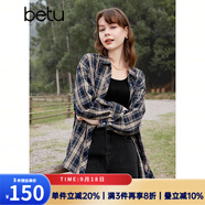 百圖betu女裝春季新款襯衫時(shí)髦翻領(lǐng)寬松復古格紋開(kāi)衫上衣2401T24 深蘭 M （深蘭預售09/29發(fā)貨）