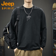 JEEP SPIRIT2025秋季新款重磅刺繡長(zhǎng)袖T恤男美式竹節(jié)棉外穿體恤寬松圓領(lǐng)衛(wèi)衣 黑色 XL 合適體重145-165斤