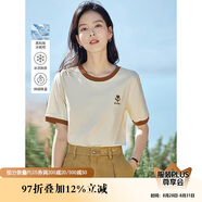 茵曼涼感撞色繡花女裝正肩短袖t恤2025夏季新品打底襯衫上衣 梨花杏 S