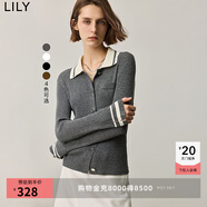 LILY秋新款女裝撞色修身顯瘦通勤針織開衫短外套女秋冬 503灰白 S