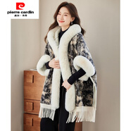 皮爾卡丹（pierre cardin）大碼秋冬帶帽外搭毛絨斗篷披肩連帽格子加厚外套大衣 布料水墨畫(huà)