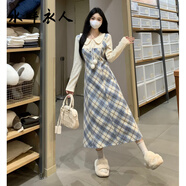 水畔衣人大碼學(xué)院風(fēng)蕾絲長(cháng)袖假兩件連衣裙2025秋新款高腰裙子胖mm遮肚顯瘦 藍色格子連衣裙 L (建議100~120斤)