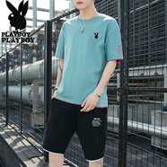 花花公子（PLAYBOY）純棉男士夏季短袖t恤套裝男裝一套休閑潮流帥氣半袖衣服 1903湖藍色 純棉上衣+95棉褲子 L 110-125斤