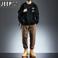 JEEP SPIRIT秋季男士休閑套裝潮牌舒適透氣衛(wèi)衣男春秋新款哈倫束腳牛仔褲 1001黑色+9008駝色 (裝) M (90-105斤)