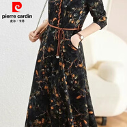 皮爾卡丹25春秋新款修身高端女裝水印荷葉邊彈力收腰長(zhǎng)袖連衣裙中長(zhǎng)款A(yù)字 黑色 XL 建議90斤-105斤