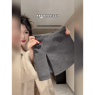 tromlfz夏季加厚雙層開(kāi)叉毛呢半身裙防走光裙褲大碼A字半裙女短款包臀裙 灰色【高質(zhì)量版】_【內帶安全褲】 XS