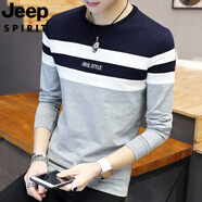 JEEP SPIRIT吉普男撞色拼接長袖T恤2025春秋季圓領(lǐng)衛(wèi)衣休閑上衣套頭加絨體恤 503灰色 2XL