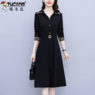 啄木鳥(niǎo)氣質(zhì)名媛時(shí)尚連衣裙大碼長(cháng)袖拼接A字裙氣質(zhì)顯瘦2026春季新款 黑色 2XL 建議120-130斤