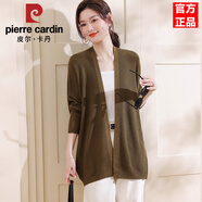 皮爾卡丹中長(cháng)款開(kāi)衫女小個(gè)子外套休閑慵懶風(fēng)外披薄款春秋針織衫毛衣外搭秋 棕綠 M