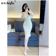 她芙（tafu）品牌女裝一字肩連衣裙女2025夏季新款氣質(zhì)修身顯瘦短袖包臀裙子 杏色 L