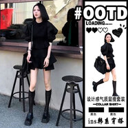 法式大碼黑色短袖套裝女2025新款泡泡袖短款襯衫a字半 黑色襯衫+黑色短褲 S80-95 均碼