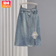 賞峰2025夏季新款高腰牛仔裙女中國(guó)風(fēng)刺繡半身裙顯瘦百搭中長(zhǎng)a字裙子 淺藍(lán)色 M 95-110斤