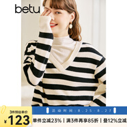 betu百圖女裝2022秋冬新款毛針織衫時(shí)髦條紋拼接兩件式長(cháng)袖高領(lǐng)假兩件針織衫女2210T31 黑白條 L