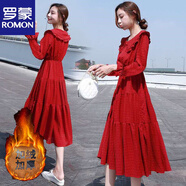 羅蒙（ROMON）官方【加絨/不加絨】春秋打底單穿百搭韓版氣質(zhì)遮肉顯瘦長(cháng)袖連衣 紅色長(cháng)袖__加絨加厚_上下都加絨 M _100-110