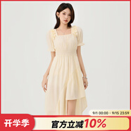 快魚方領(lǐng)泡泡袖新品連衣裙2024新款女夏不規(guī)則設(shè)計感收腰顯瘦氣質(zhì)長裙 杏色 M