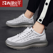 西部公羊頭層牛皮2025新款氣墊爆米花運動(dòng)休閑鞋真皮透氣增高皮鞋 米白色 單層 頭層牛皮 38 (240mm)