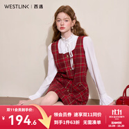 西遇圣誕復(fù)古氣質(zhì)撞色格紋連衣裙女2025秋冬A字裙方領(lǐng)直筒背心裙 紅色 S