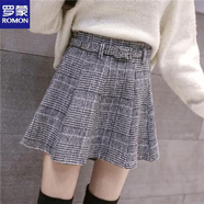 羅蒙（ROMON）毛呢半身裙女格子短裙秋季高腰蓬蓬裙顯瘦不規則傘裙a字包臀裙子 灰色【現貨】 S