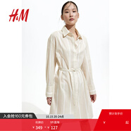H&M女裝連衣裙25秋新款時(shí)尚透氣亞麻混紡及膝襯衫式連衣裙1275768 淺米色/條紋 S 160/88