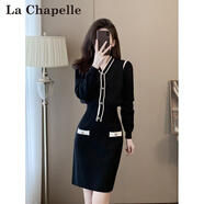 拉夏貝爾（La Chapelle）復(fù)古赫本風(fēng)針織兩件套女秋冬新款毛衣修身包臀裙時尚兩件套裝裙子 黑色 S