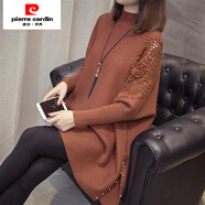 皮爾卡丹（pierre cardin）中長款蝙蝠衫半高領(lǐng)毛衣針織衫秋冬新款寬松大碼披肩斗篷厚外套女 焦糖色 XL (115-125斤)