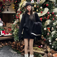 熒蒂秋冬季穿搭紅色針織衫毛衣包臀短裙搭配一整套裝連衣裙2025新款女 黑色 M