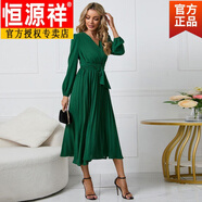 恒源祥新品歐美新款女裝優(yōu)雅泡泡燈籠袖V領(lǐng)飄逸百褶連衣裙a字裙 淺綠色旗艦款 2XL