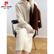 皮爾卡丹（pierre cardin）拉鏈翻領(lǐng)針織連衣裙女秋冬復古長(cháng)款高領(lǐng)毛衣裙直筒加厚長(cháng)袖打底裙 米白色 2XL 建議130-150斤