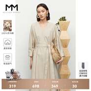 麥檬MM商場(chǎng)同款春新純棉卡其v領(lǐng)法式氣質(zhì)收腰通勤九分袖連衣裙女 淺卡其 M