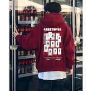 文頗100%純棉面料美式街頭設(shè)計(jì)感印花秋冬季連帽衛(wèi)衣男女百搭ins高街 連帽-酒紅薄款 S 建議85-95斤