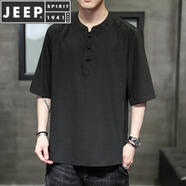 JEEP SPIRIT冰絲t恤男士亞麻短袖夏季薄款中國風(fēng)寬松棉麻半袖體恤上衣服男裝 黑色 M