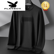 花花公子（PLAYBOY）高端春秋男士涼感長(cháng)袖加肥加大圓領(lǐng)t恤莫代爾打底衫新款體恤衛衣 黑色 9329 XL 【120-140斤】