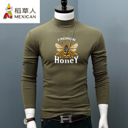 稻草人秋冬純.棉半高領(lǐng)打底衫男士長(cháng)袖t恤大碼印花內搭修身厚款上衣保暖 軍綠色 M 100斤左右穿