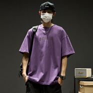 木清清280g重磅紅色t恤男款夏季純棉美式潮牌體恤男生寬松簡約印花短袖 紫色 M (建議80-125斤)