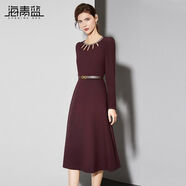 海青藍(lán)（CYANINE SEA）氣質(zhì)通勤長(zhǎng)袖純色秋冬連衣裙時(shí)尚簡(jiǎn)約中長(zhǎng)款收腰顯瘦裙子 酒紅色 2XL