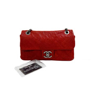 【二手95新】Chanel香奈兒CF紅色荔枝牛皮復古銀扣鏈條包單肩斜挎女包 奢侈品箱包 95新單肩包